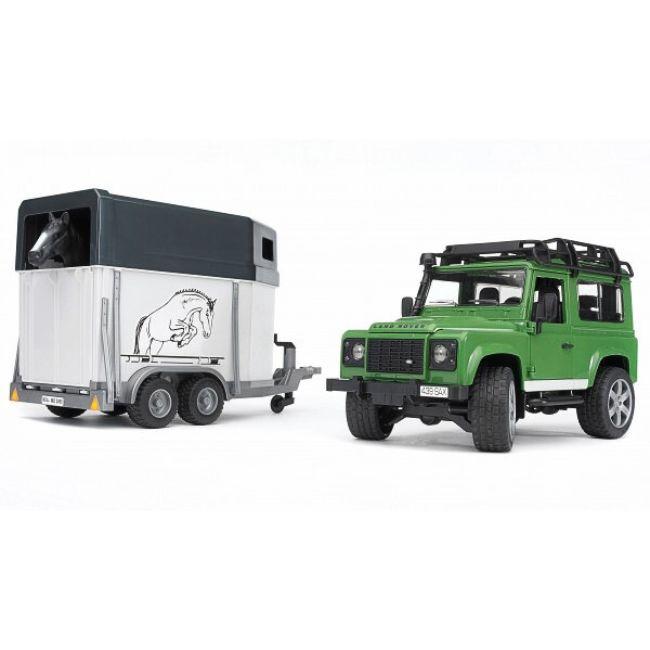 BRUDER LAND ROVER DEFENDER WITH HORSE TRAILER AND HORSE